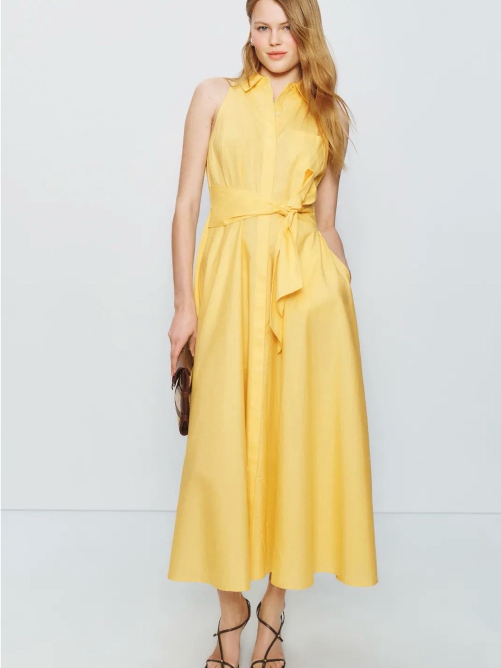 Toccin RTR Sleeveless Yellow Tie-Waist Shirt Button Down Maxi Dress
